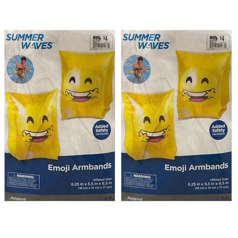 2x Summer Waves Emoji Armbands Added Safety 2 Air Chambers Yellow Ages 3-6